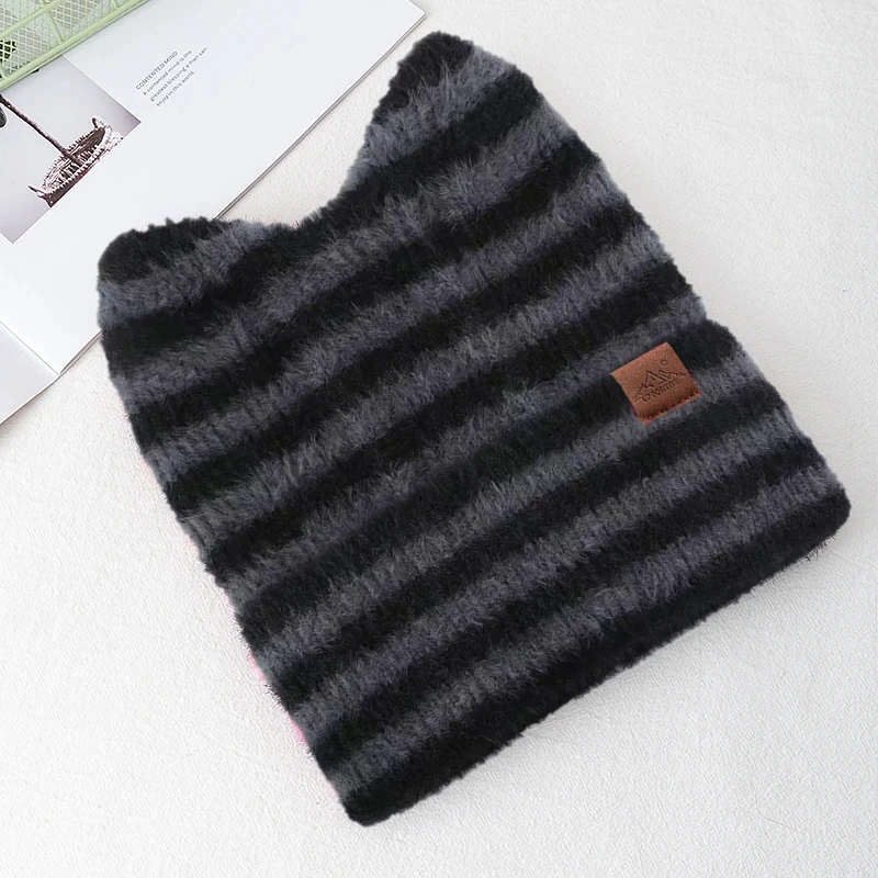 Hot Sale Women Y2K Beanie Hat Soft Warm Beanie With Cat Ear Stripes Design Fashion Outdoor Warm Hat Beanie Warm Cap For Girl