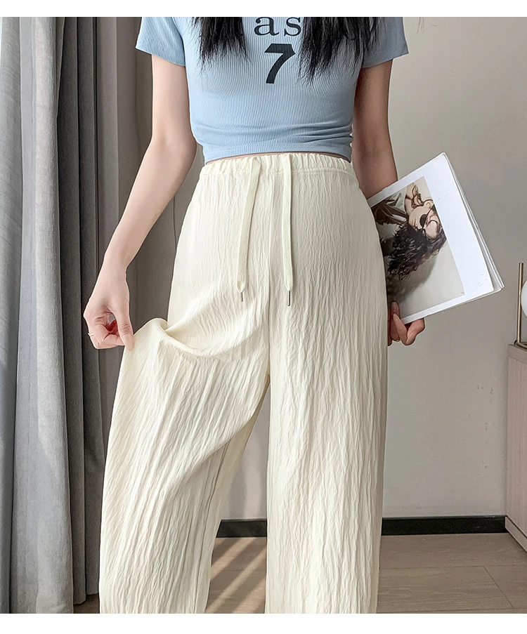 하이 웨이스트 임산부 바지, 여름 드로스트링 크로스 슬루시 스타일 바지, 와이드 레그, 느슨한 스트레이트 바지, 청소년 임신 3XL