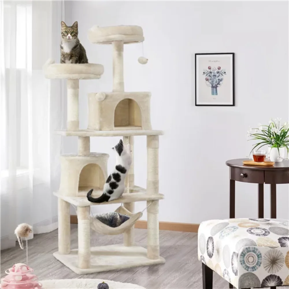 

House for Cats Accessories for Home 62.2“ H Multi Level Cat Tree Condo With Scratching Post Beige Bed Frame Bed & Furniture Pets