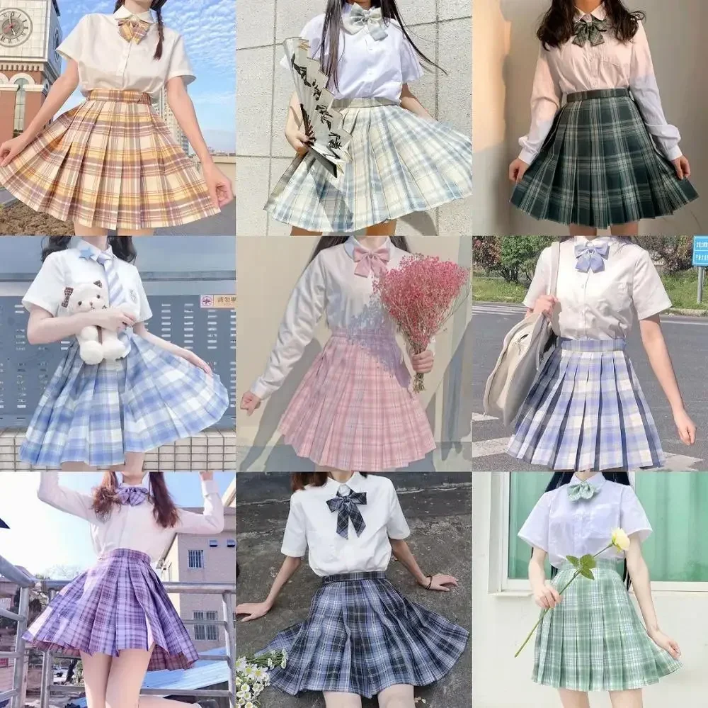 

Korean School Girls Uniform Pleated Skirts Japanese School Uniform High Waist A-Line Plaid Skirt Sexy JK Uniforms Woman Full set