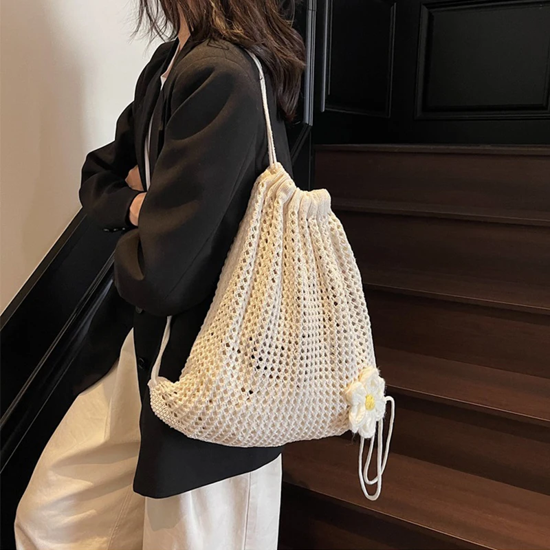 Solid Color Knitting Flower Shoulder Bag Large Capacity Hollow Out Bohemian Crochet Backpack Lazy Style Versatile