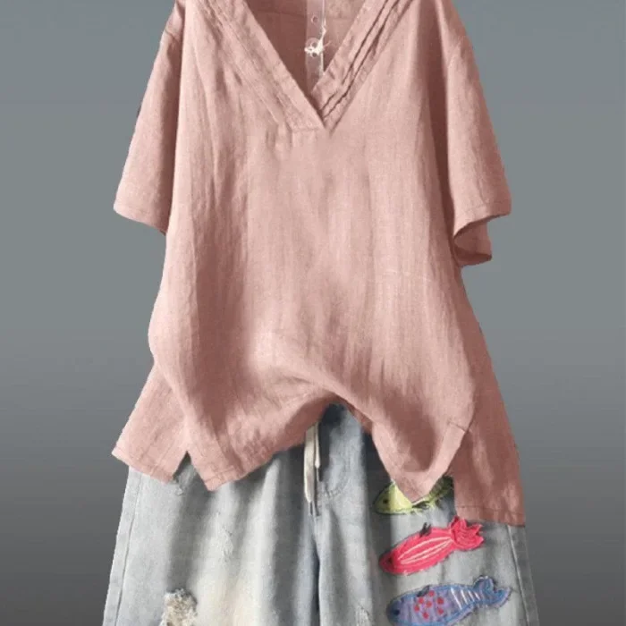 

Womens new solid color short-sleeved V-neck split irregular cotton linen loose plus-size blouse gray22