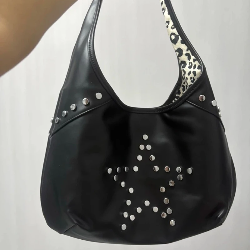 Borsa a Spalla Y2K con Borchie per Donna, Borsa Vintage Nera di Grande Capacità, Borsetta Cool e Trendy - immagine 5