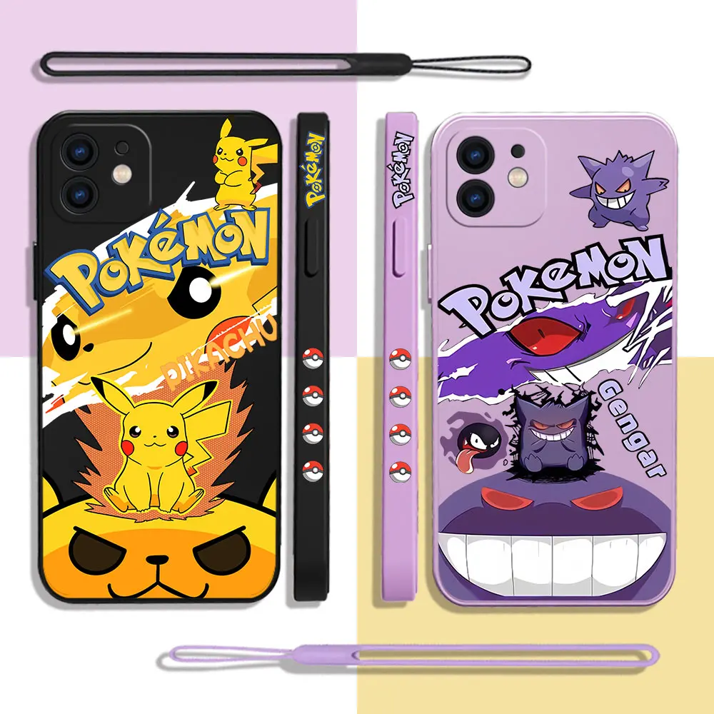 

Hot Japan Comics Anime Pokémons Pikachus Gengars Phone Case For iPhone 15 14 13 12 11 Pro Max Mini X XS MAX Plus with Hand Strap