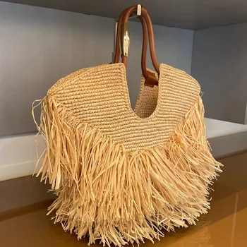 Borsa Tote in Paglia Boho da Donna, Borsa a Spalla Intrecciata con Frange, Borsa Estiva Chic alla Moda