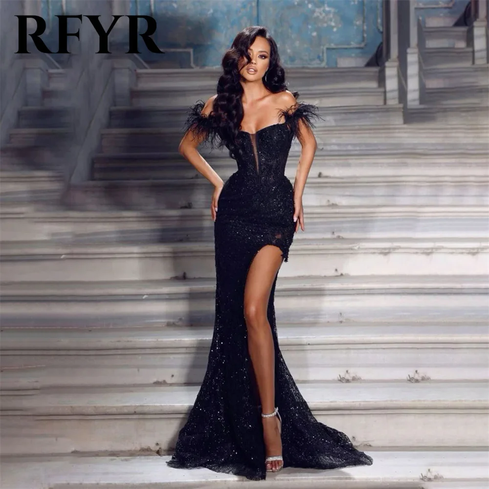 

RFYR Sequin Black Prom Dress Feather Off the Shoulder Evening Dress Sexy High Split Mermaid Party Dress Sweetheart فساتين السهرة