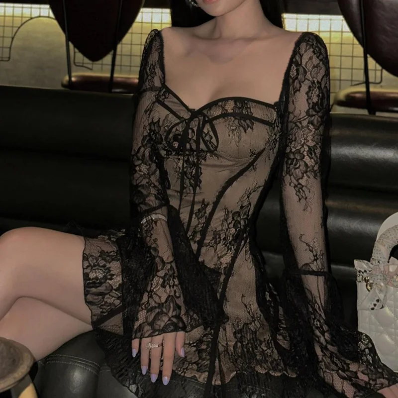 European and American women's new flared sleeve ballet style sexy and pure desire lace wrapped chest print long sleeved dress