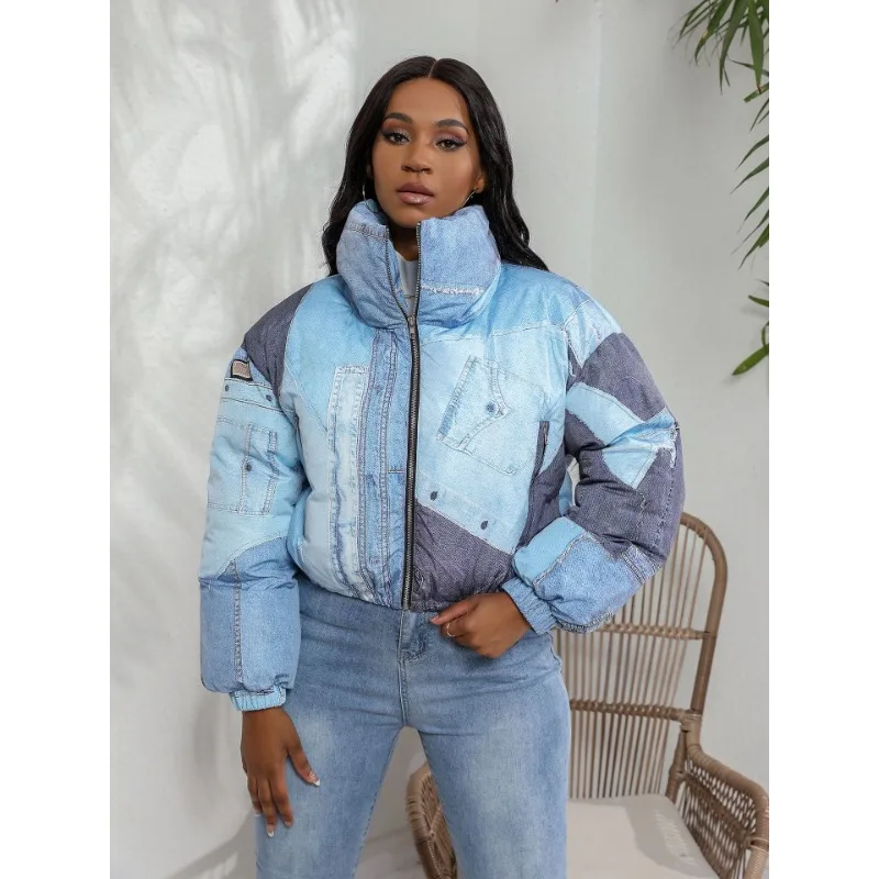 Women's Denim Print Padded Cotton Coats Stand Collar Long Sleeve Zippers Pockets Casual Versatile Y2k Parkas Hipster Streetwear