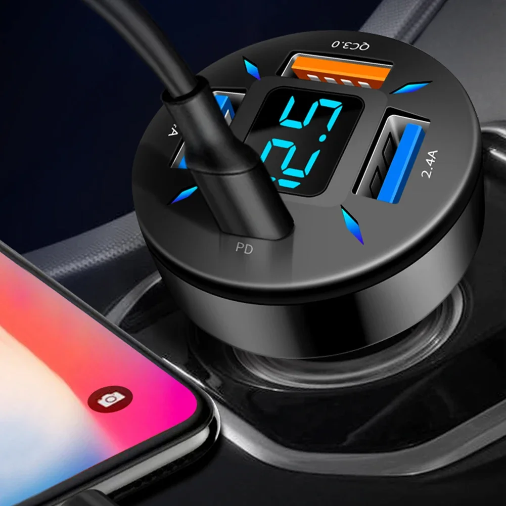 

4 USB QC3.0+PD USB Car Cigar Charger Lighter Digital LED Voltmeter 12V/24V Fast Charging FM Transmitters Electronic Accessories