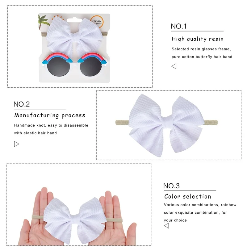 Kids Sunglasses Girls Set Cute Anti-UV Rainbow Print Sunglasses and Bow Headband Accessories for Photography images - 6