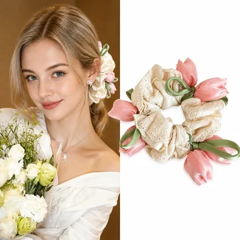 Elastico per capelli a fiore di tulipano con fiocco in pizzo, accessorio per coda di cavallo e chignon per ragazze e donne, fascia per capelli carina primavera estate