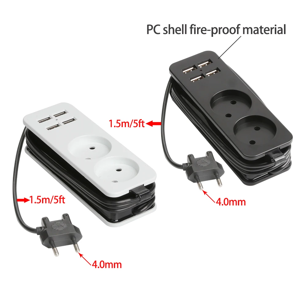 Power Strip EU Plug 1.5M Extension Cable 4USB Port Charger Portable AC Adapter