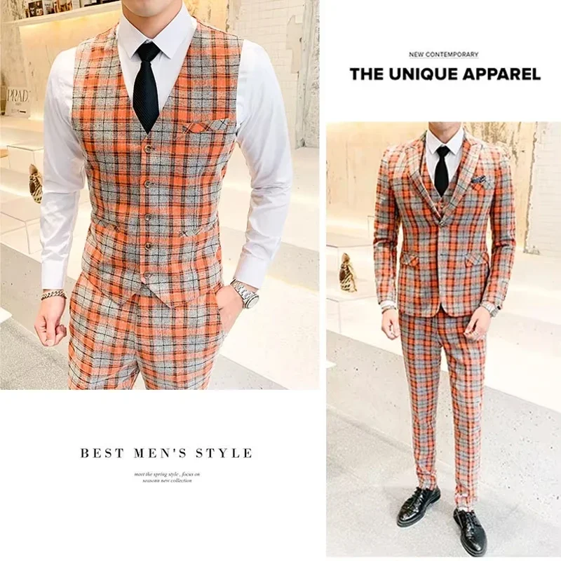 Mens Casual Business Suit Plaid 3pces Set Jacket Vest Pants Groom Wedding Dress Blazer