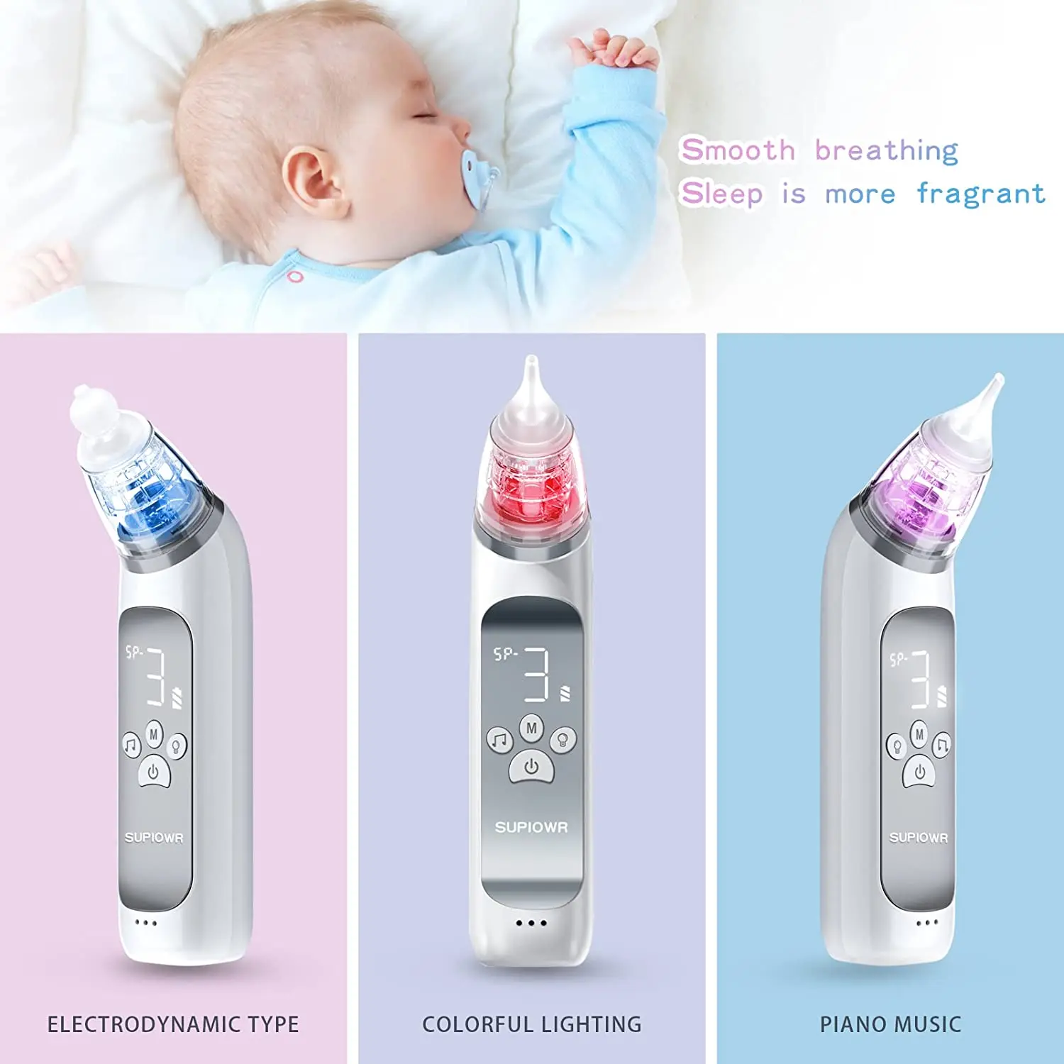 Baby Nasal Aspirator, Electric Nose Booger Sucker for Baby, Automatic Baby  Nose Cleaner USB Rechargeable with 3 Suctions Modes, Music & Colorful Light  Soothing Function for Infants Toddlers Kids Child 
