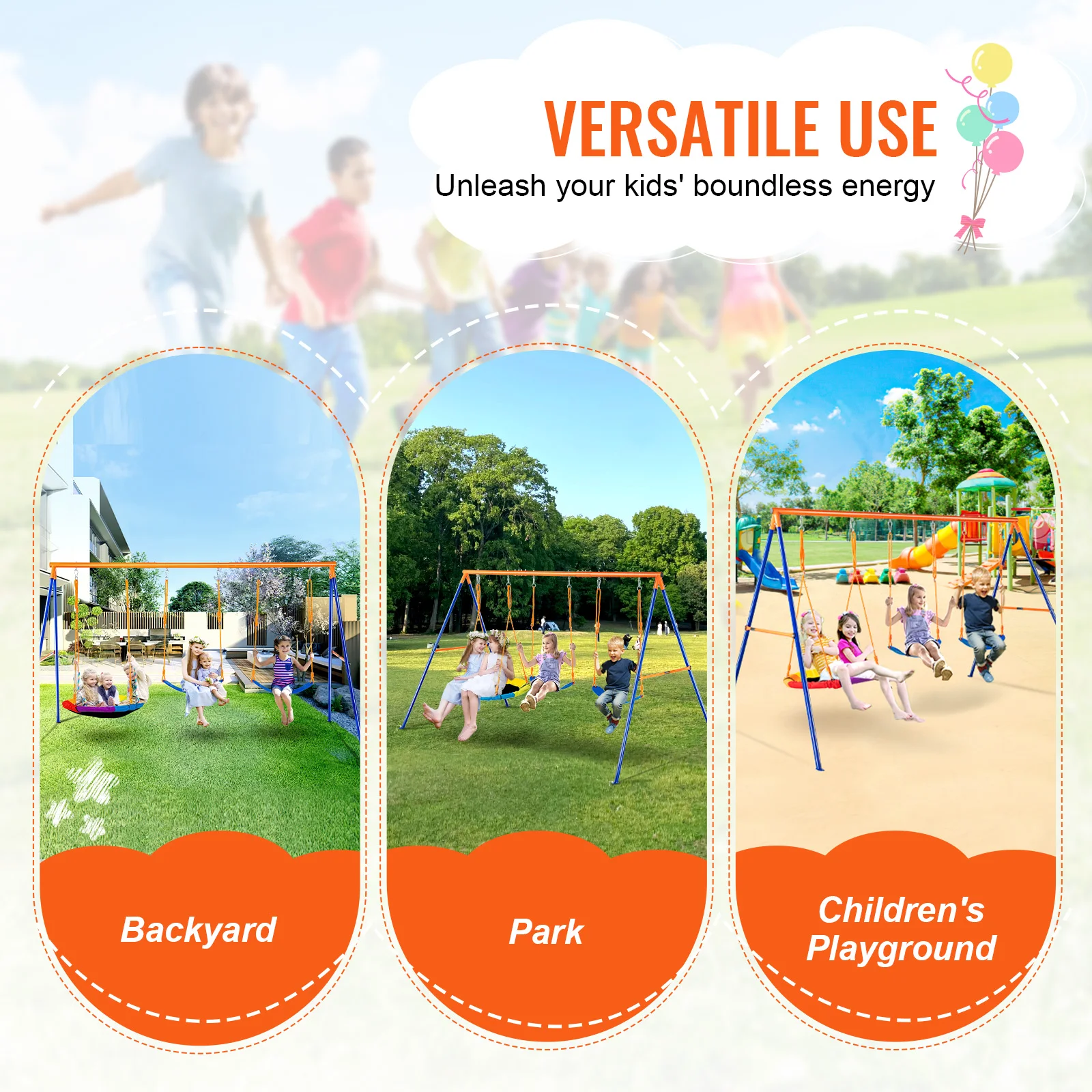 VEVOR Swing Sets for Backyard 600lbs Capacity Swing Set with 1 Saucer Swing Seat 2 Belt Swing Seats Swingset Outdoor for Kids 6