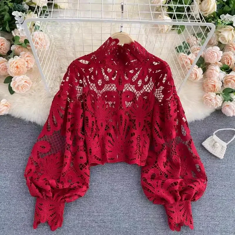 

New Fashion Stand Collar Hollow Out Lace Blouse Women Sexy Loose Short Shirt Korean Elegant Petal Lantern Long Sleeve Top 29537