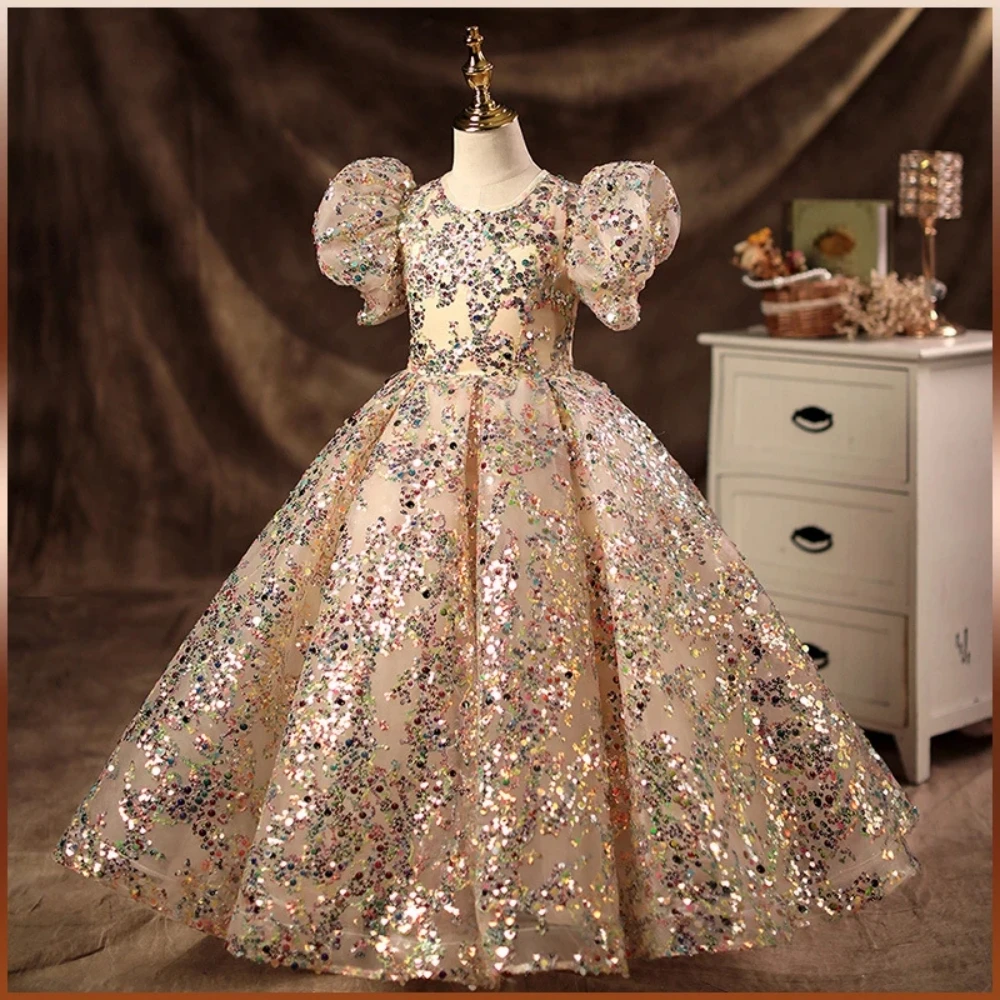 Champagne Puffy Ball Gown Flower Girl Dress with Bow and Sequins