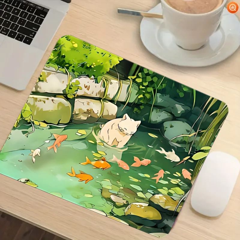Large mouse pad with Naughty cat and koi pond design, 2mm non-slip rubber base, natural rubber material, rectangular gaming mous 2