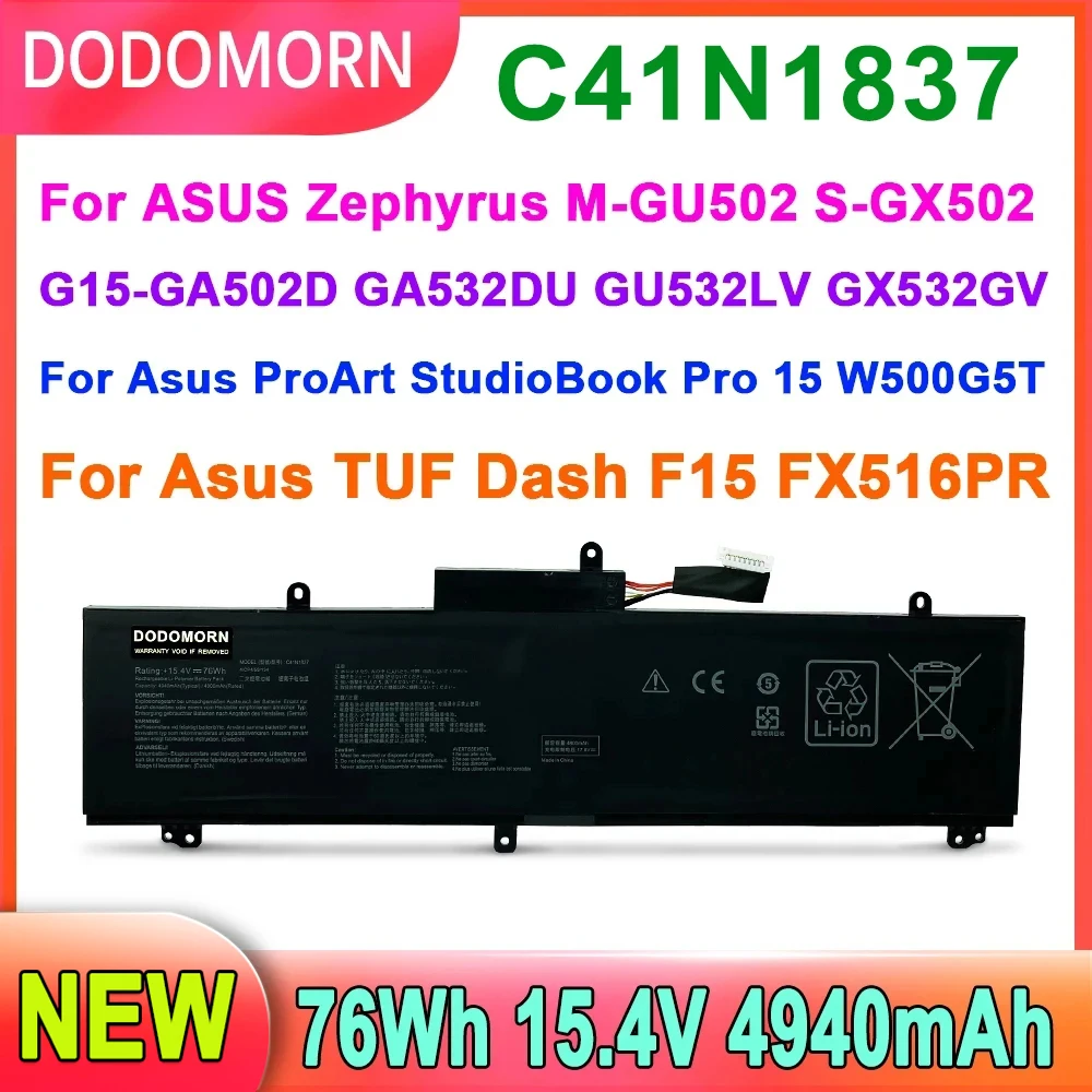 Nova C41n1837 Bateria do Portátil para Asus Rog Zephyrus m Gu502 Gu502g Ga502d Ga532du Gu532lv Gx532gwtuf Dash F15 Fx516pe 15.4v 76wh