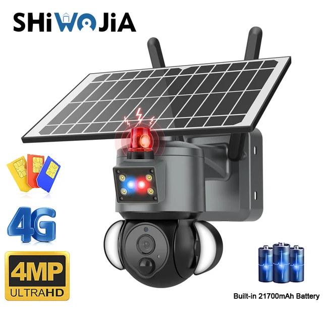 SHIWOJIA 4G Solar Camera Outdoor Solar Panel 3MP/4MP HD WIFI Wireless Security CCTV 21000mAh Battery with Anti-theft Siren Alarm 1
