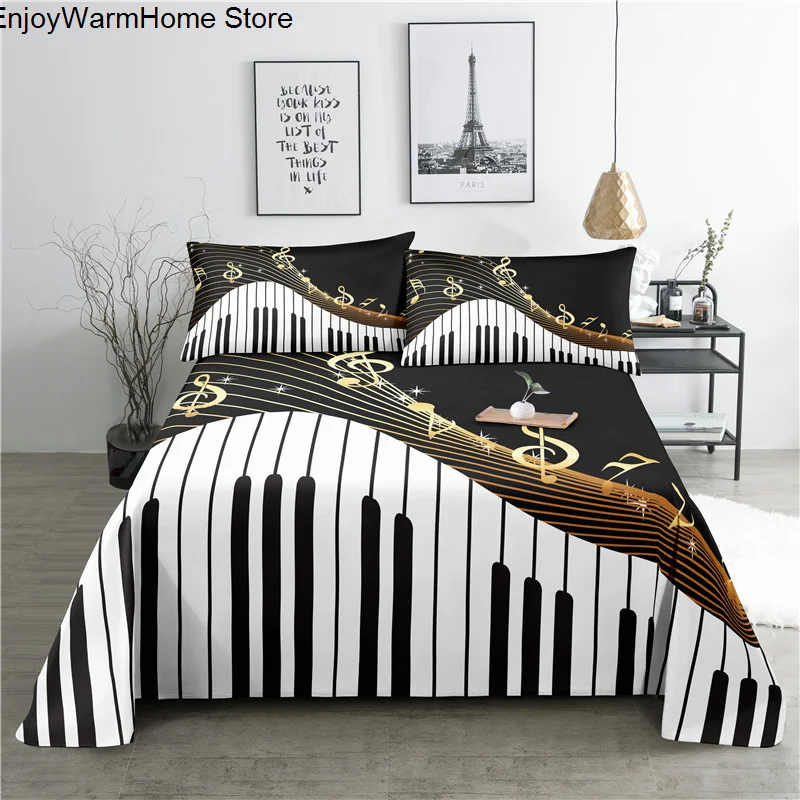 fashion Music Sheet Set Piano Keyboard Music Note Printed Bed Flat Sheet With Pillowcase Polyester Bedding 2