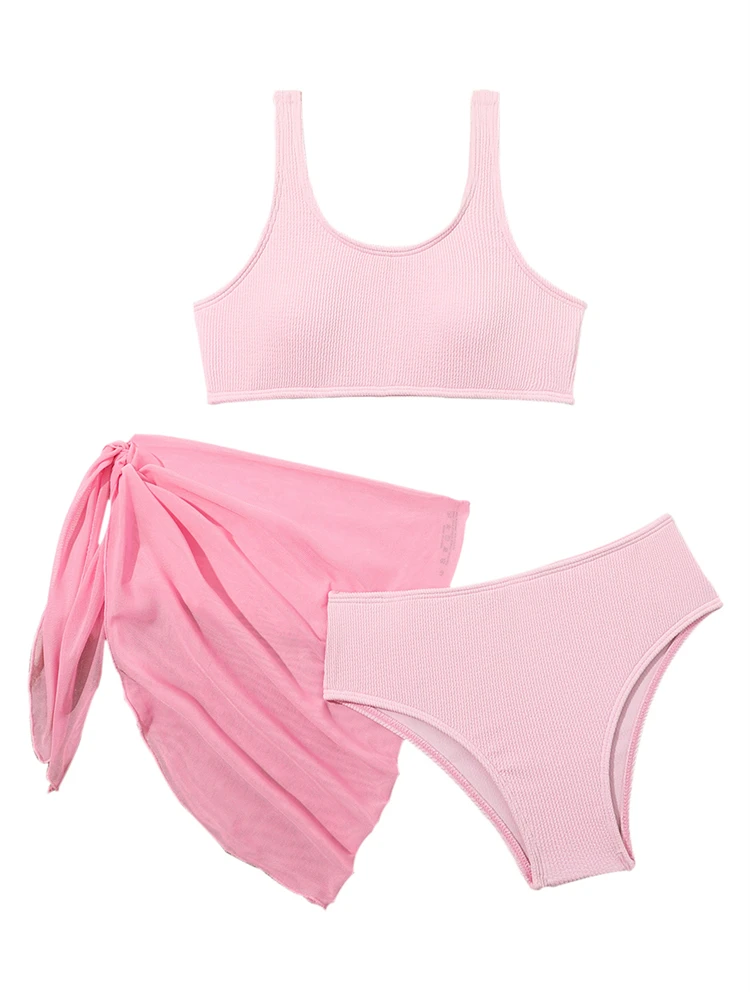 Kids Swimsuit Girls Bikini 2026 New Solid Ribbed Sling Bikinis Set Children Swimwear Summer Three Piece Beachwear Bathing Suits - 6