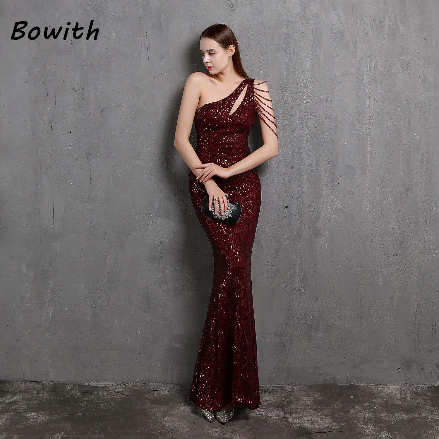 

Bowith Evening Dress Wedding Party Elegant Sequin One Shoulder Long Dress for Women Prom Formal Occasions Dress vestidos