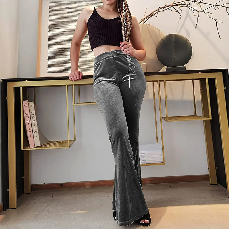 Women Velvet Fitting Flared Trousers Stretch Bell-bottoms Pants Autumn Winter Lady High Waist Casual Velvet Flared Trousers