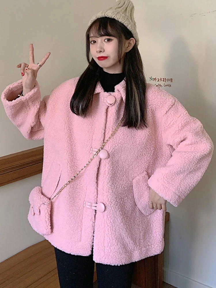 

Female Warm pink fleece Jacket Plush Overcoat Pocket Outwear kawaii thicken Coats lambs wool Coat Jacket Winter clothes women