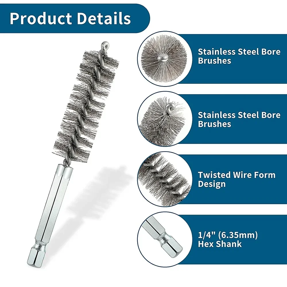 6 Pcs Stainless Steel Cleaning Brush Set 1/4" Hex Bar Twisted Wire Hole Brush for Power Drill Impact Driver(8/10/12/15/17/19 mm)