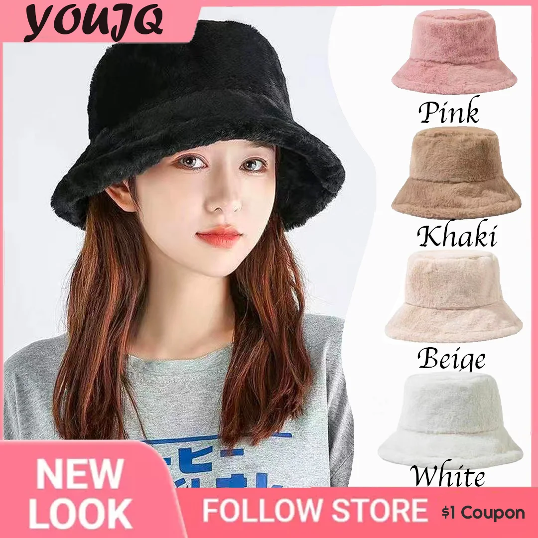 

INS Bucket Hat Solid Color Winter Thick Warm Faux Fur Plush Women Bucket Hats Wool Fleece Ladies Panama Cap Sun Caps Gorras