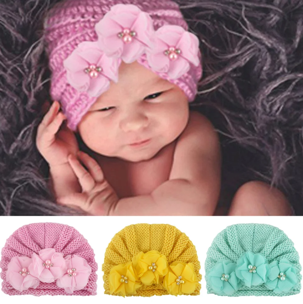 

Baby Accessories Clothing Infant Baby Girl Boy Winter Beanie Flower Warm Cap Crochet Knitted Pearls Hat Turban