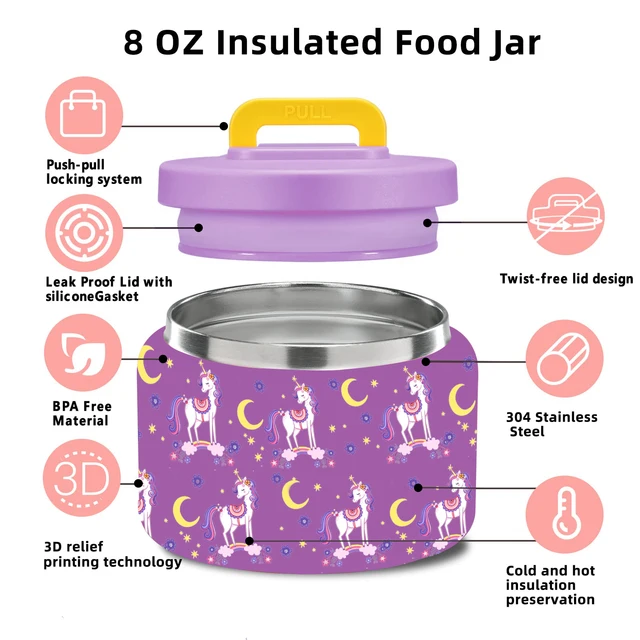 Boîte à déjeuner Bento pour enfants avec pot alimentaire isolé sous vide de 8oz, sac à déjeuner, sac de glace et fourchette et cuillère pliables, anti-fuite 6