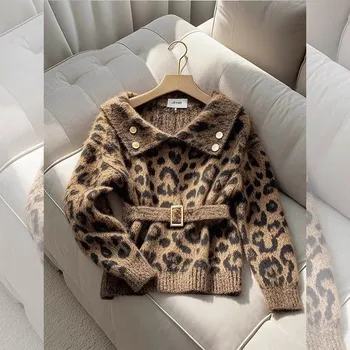 Nuovo caffè maglione pullover con stampa leopardata maglione in vita cappotto da donna maglione autunno inverno fondo lavorato a maglia cappotto morbido allentato 1