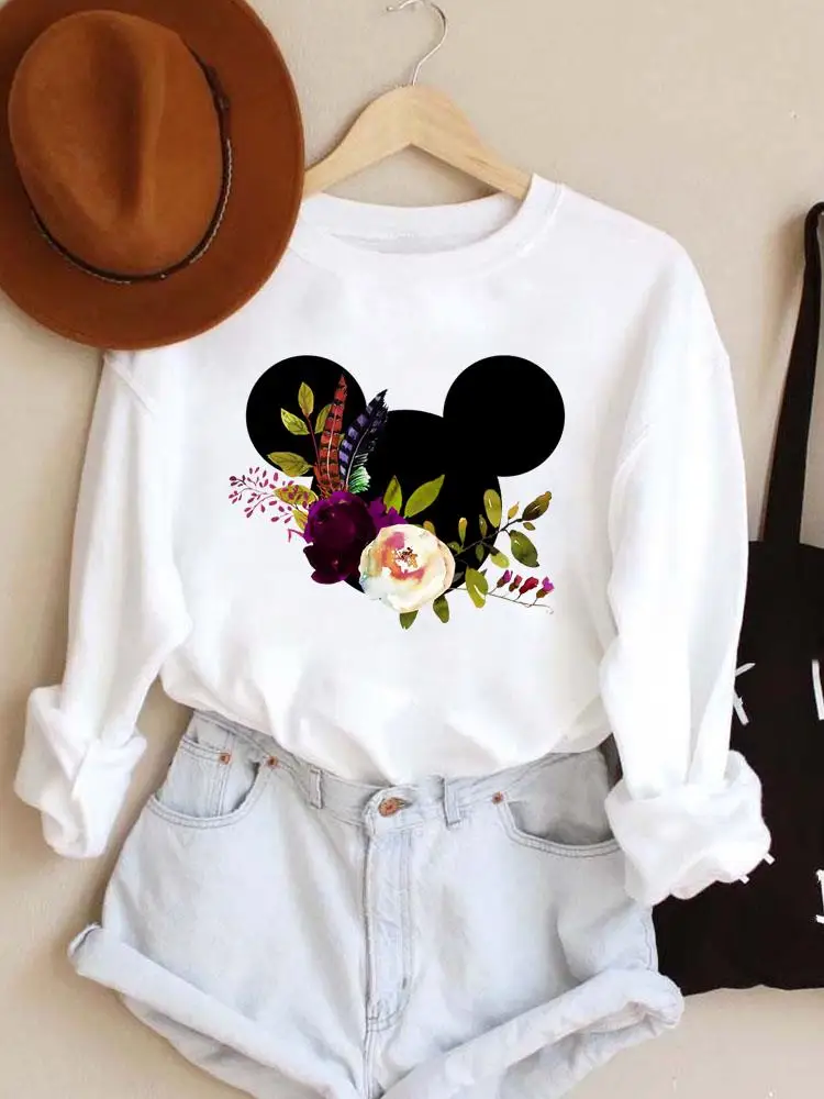 

Flower Ear Trend Autumn Spring Fashion Print Mouse Ear Pullovers Holiday Cartoon Women Casual Female Graphic Sweatshirt