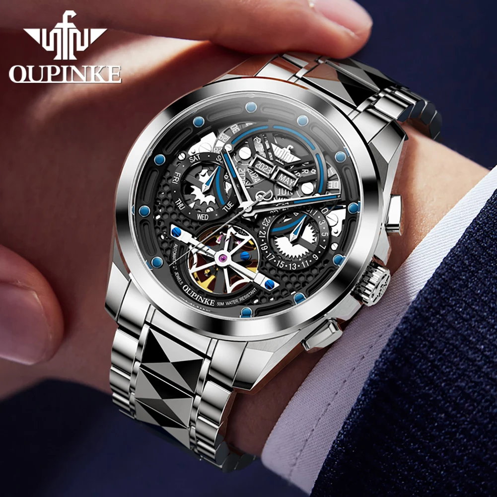 OUPINKE Automatic Mechancial Watch for Men Luxury Swiss Certificated Brand Men's Wristwatches Skeleton Hollow Fashion Man Watch