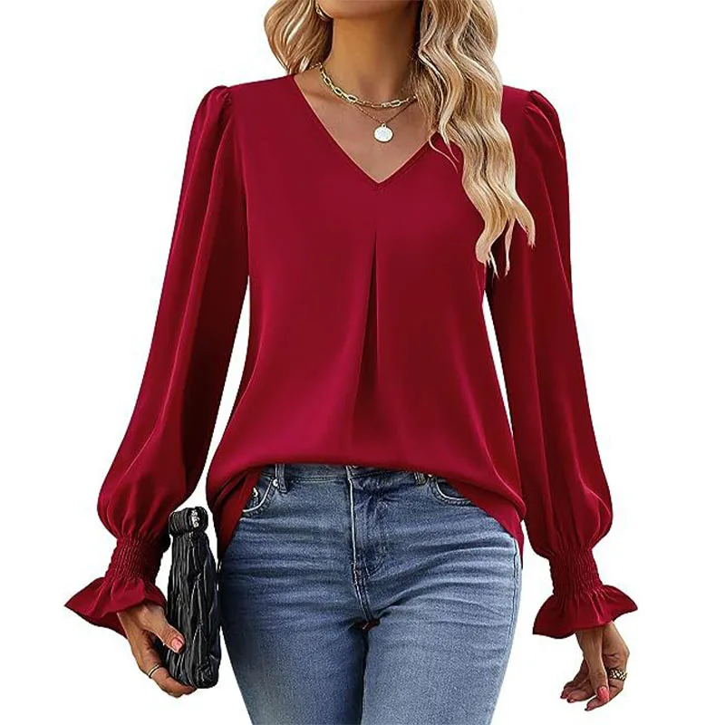 SolidCasualLooseBlousesForWomenFashion2023AutumnVintageWomen