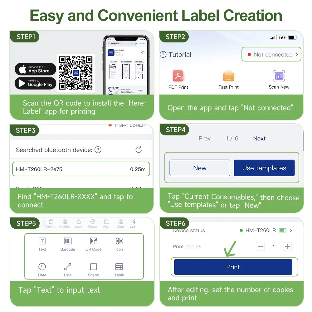 HPRT T260LR Portable Thermal Printer 203dpi Adhesive Sticker Desktop Mini Printer Bluetooth High-Speed Barcode Maker Paper Rolls