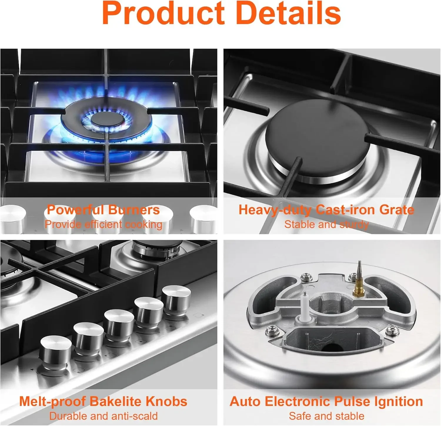 Gas Stove Top with 5 High Efficiency Burners, Bulit-in Stainless Steel Gas Hob for Kitchen, NG/LPG Convertible Gas Stovetop, The 3