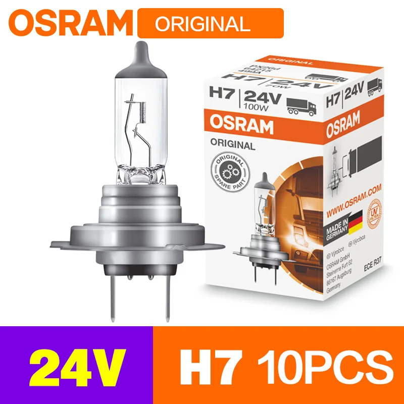 OSRAM Original Headlight Lamps 24V H7 10PCS 100W 62250 PX26d Trucks Bulbs Bus Low Beam High Beam Super Bright 3200K 3