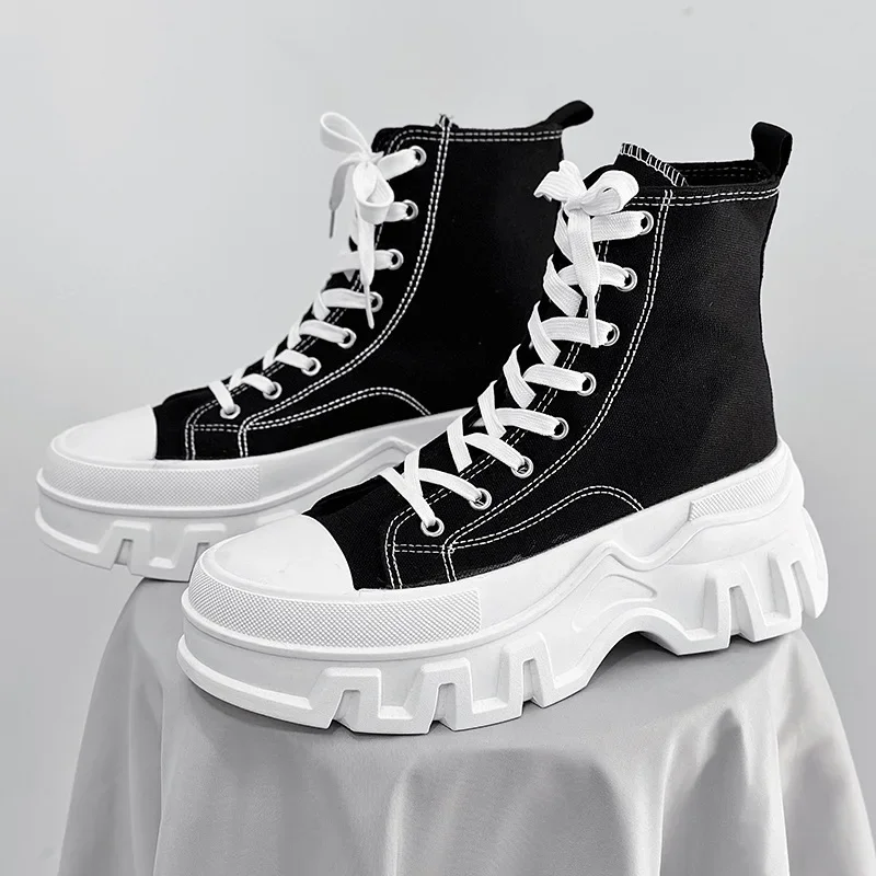 Unisex Canvas Round Toe Thick Sole Platform Chunky Heels Women Men Sneakers Lace Up Mixed Color New Fashion Western Casual Shoes 3