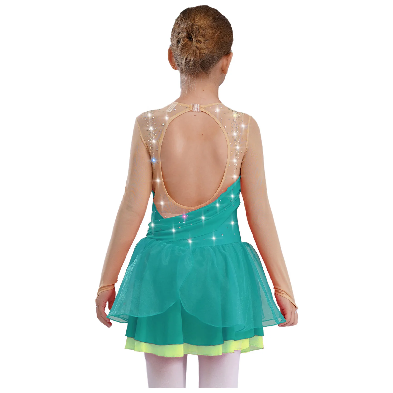Kinder Mädchen Eiskunstlauf Performance Kostüm Glänzende Strasssteine Lyrisches Tanzkleid Sheer Mesh Long Sleeves Cutout Back Kleider – Detail 15