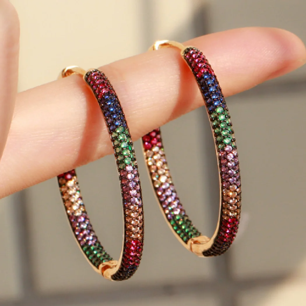 

Trendy New Arrival Two Tones Rainbow Cubic Zircon Circle Round Hoop Earrings for Women birdal Jewelry Hip Hop Pendientes Earing