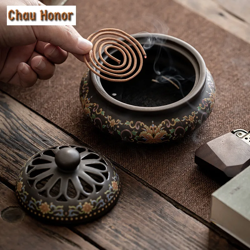 Retro Cloisonne Enamel Color Plate Incense Holder Elegant Dargon Censer Household Scented Aromatic Candles Teaset Supplies Craft
