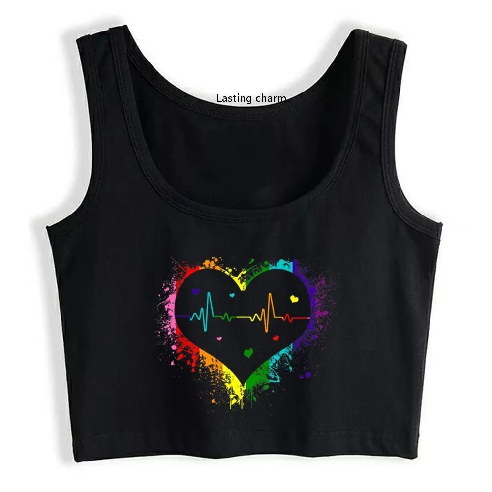 

LGBT rainbow heartbeat gay hip hop Y2K Tank Top Women's Breathable Slim Fit Workout Crop Tops Summer Camisole