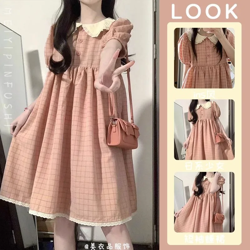 

Plaid Sleepwear Womens Nightgown Korean Ruffles Peter Pan Collar Short Sleeve Night Dress One Piece Pajama Summer Lace Home Wear