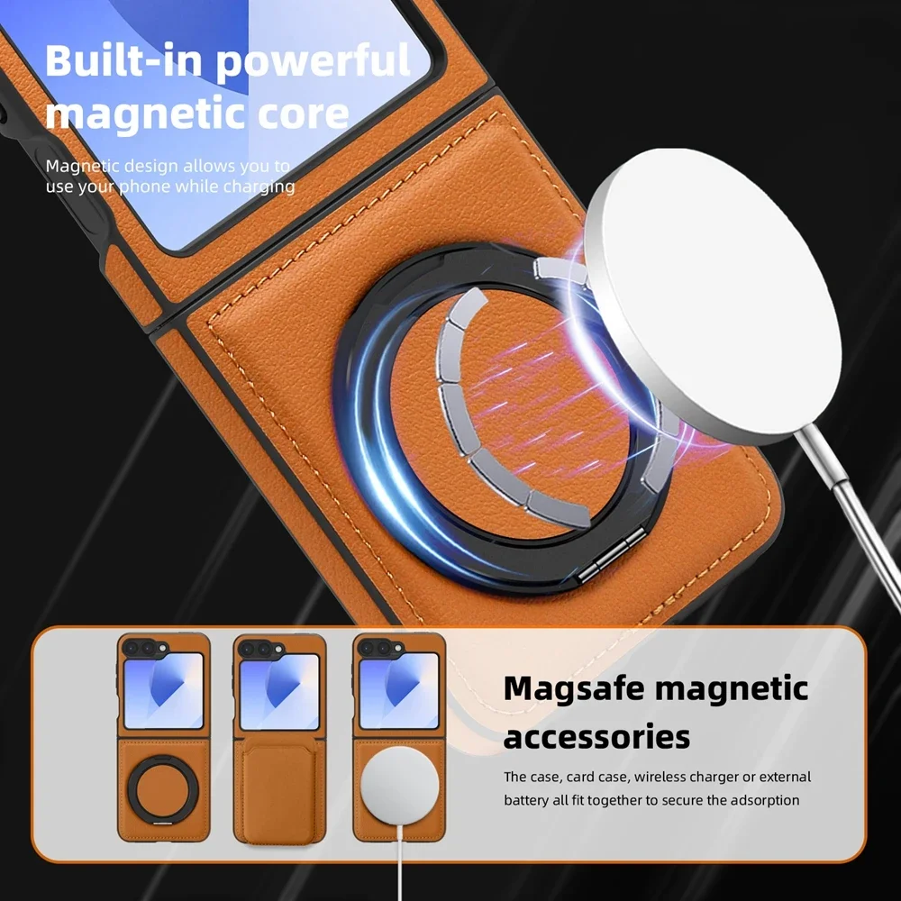 Ring Bracket Leather Flip Case with 360° Protection and Magsafe Compatibility - Shockproof Phone Cover