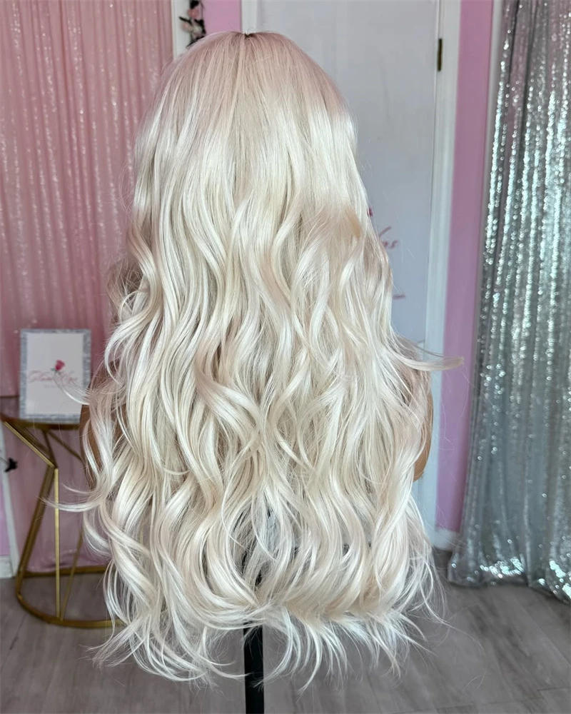 Natural Fringe Bouncy Wavy Synthetic Wig with Bangs White Blonde Icy Dark Roots Futura Fibre Lace Top Wig Women