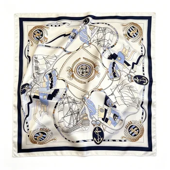 Foulard Quadrato in Seta 100% con Stampa Bussola e Ancora Nautica, Sciarpa da Collo in Raso di Lusso per Donna, Bandana, Fascia per Capelli, Accessori per Borsa