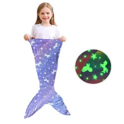 Enchanting Glow-in-the-Dark Rainbow Unicorn Mermaid Blanket - Super Soft Flannel Gift (Purple)